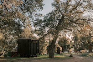 Una cabaña rústica en un área boscosa con un sendero de tierra que conduce hacia ella.