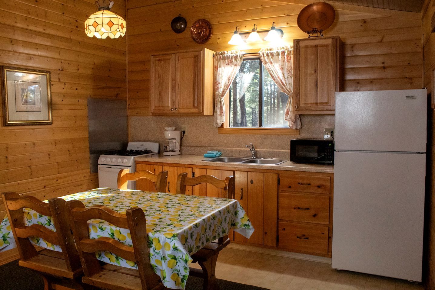 Cocina de cabaña de madera con una mesa de comedor, sillas, un refrigerador, una estufa y una ventana con cortinas.