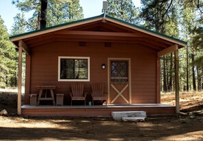 Eine Holzhütte mit Veranda, zwei Adirondack-Stühlen und einer Bank.