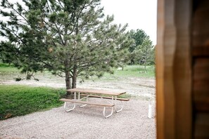 Ein Picknicktisch mit Bänken in einer grünen Umgebung mit Bäumen.