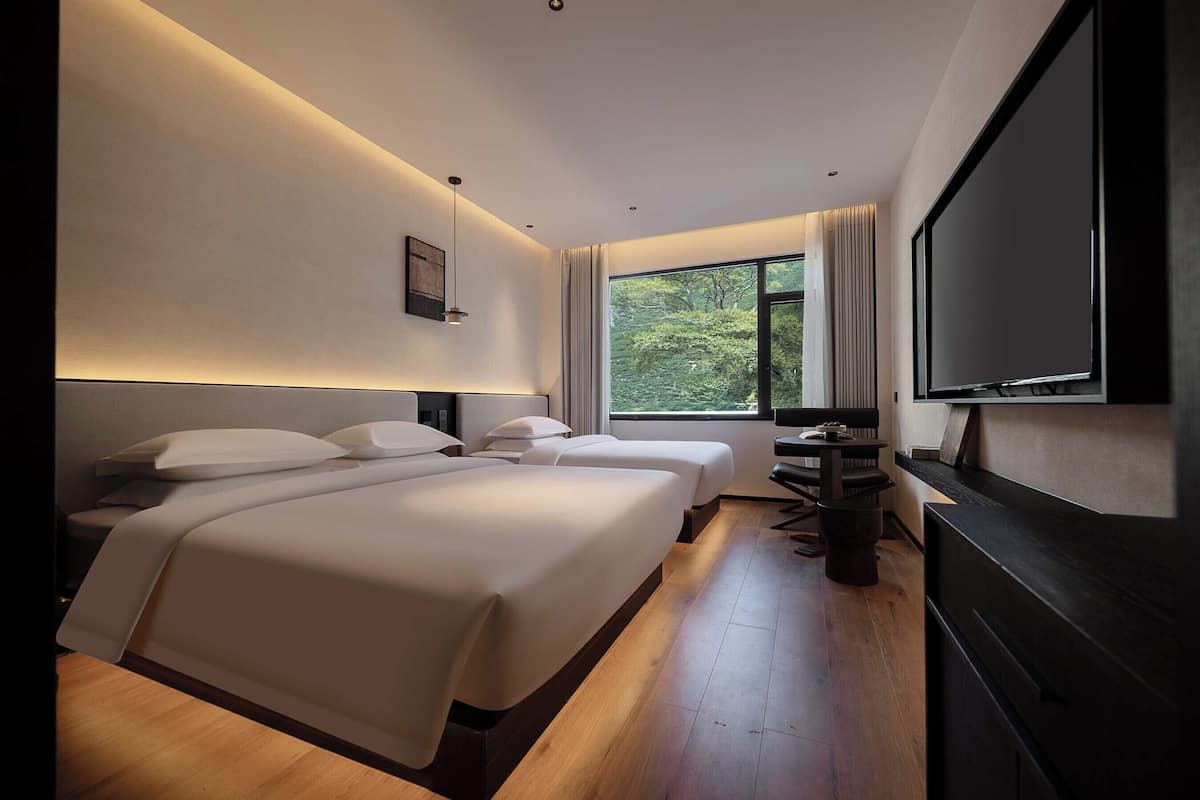 A hotel room with a large bed, a desk, a TV, and a window with a view of greenery.