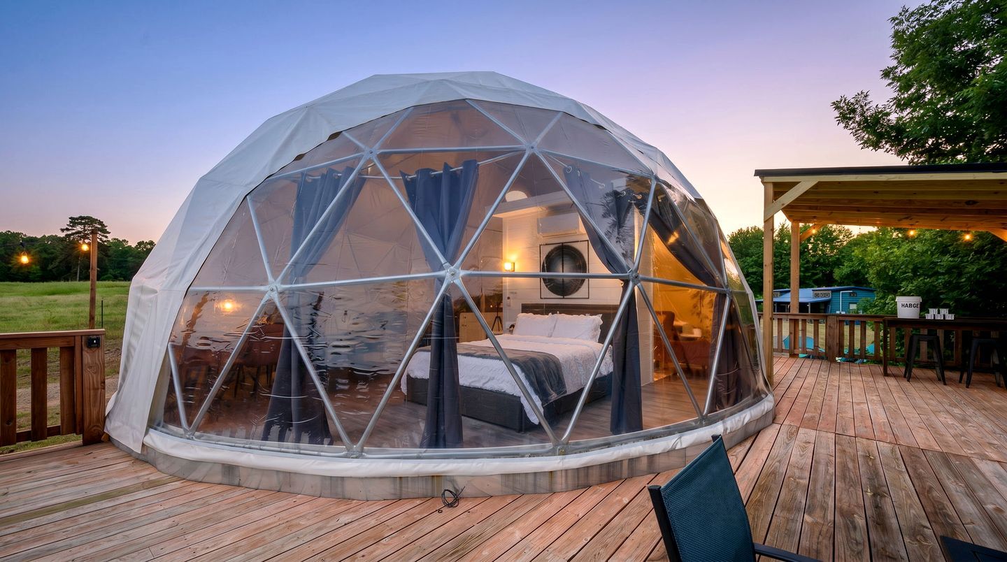 Une structure en forme de dôme géodésique comprenant un lit à l’intérieur, une terrasse en bois et un espace salon couvert.
