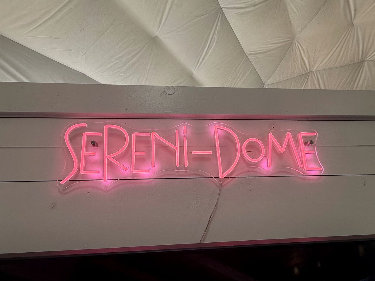 Un cartello luminoso al neon con la scritta 'SERENI-DOME' su una parete bianca.