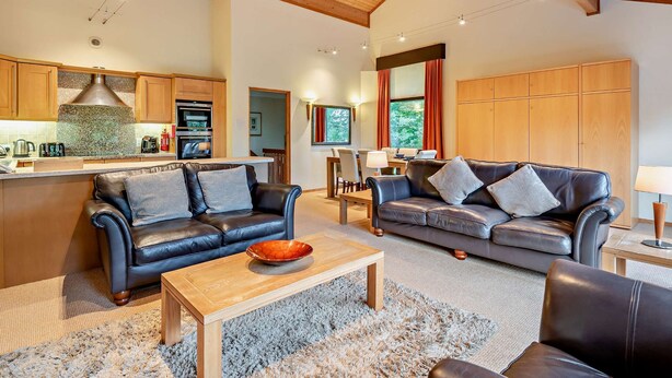 Een moderne woonkamer met leren banken, een houten salontafel en een keuken met houten kasten en een groot aanrecht.