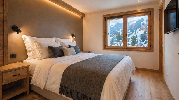 Un dormitorio con cama, mesitas de noche, ventana con vista a la montaña y televisión montada en la pared.