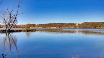 Un lago tranquilo con cielo despejado, árboles y una orilla lejana.