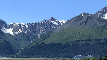 A mountainous landscape with a cruise ship docked near a small town.