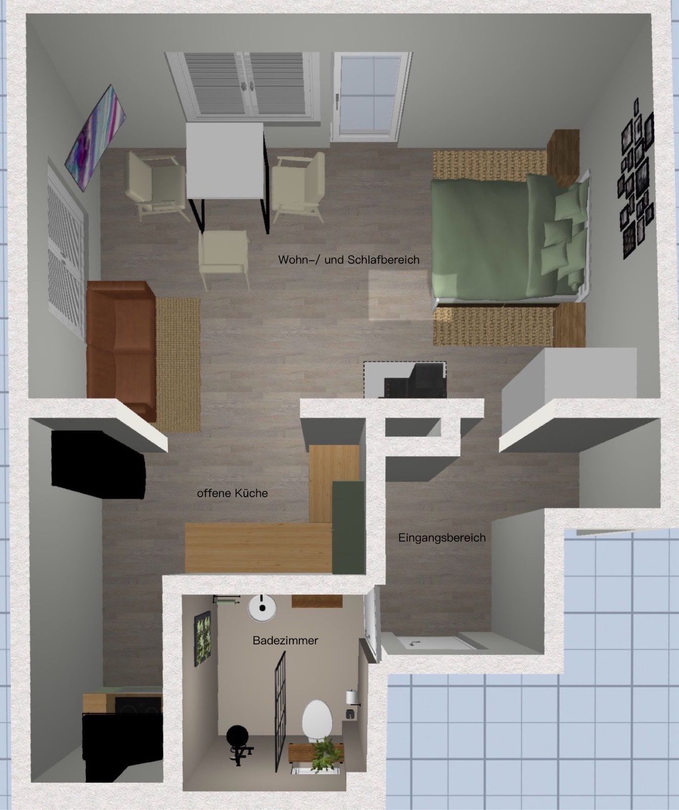 A 2D floor plan of a residential apartment with a living room, dining area, kitchen, bathroom, and entryway.