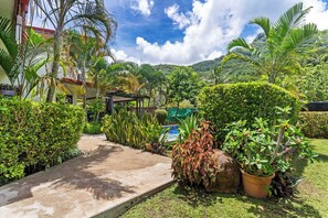 Un jardí amb un camí de formigó, diferents plantes, una petita piscina i un paisatge de muntanyes al fons.