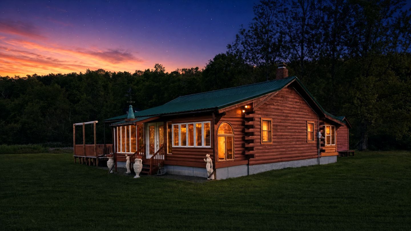 A log cabin with a porch, a covered deck, and a chimney.