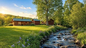 A cabin with a green roof, surrounded by a grassy area and a stream. - Luxury Catskills Creekside Cabin | Pool, Sauna & Fire Pit Retreat (Roscoe)