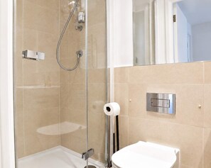 A glass-enclosed shower with a handheld showerhead, a toilet, and a towel dispenser. - Fitzrovia and West End Residences (London)
