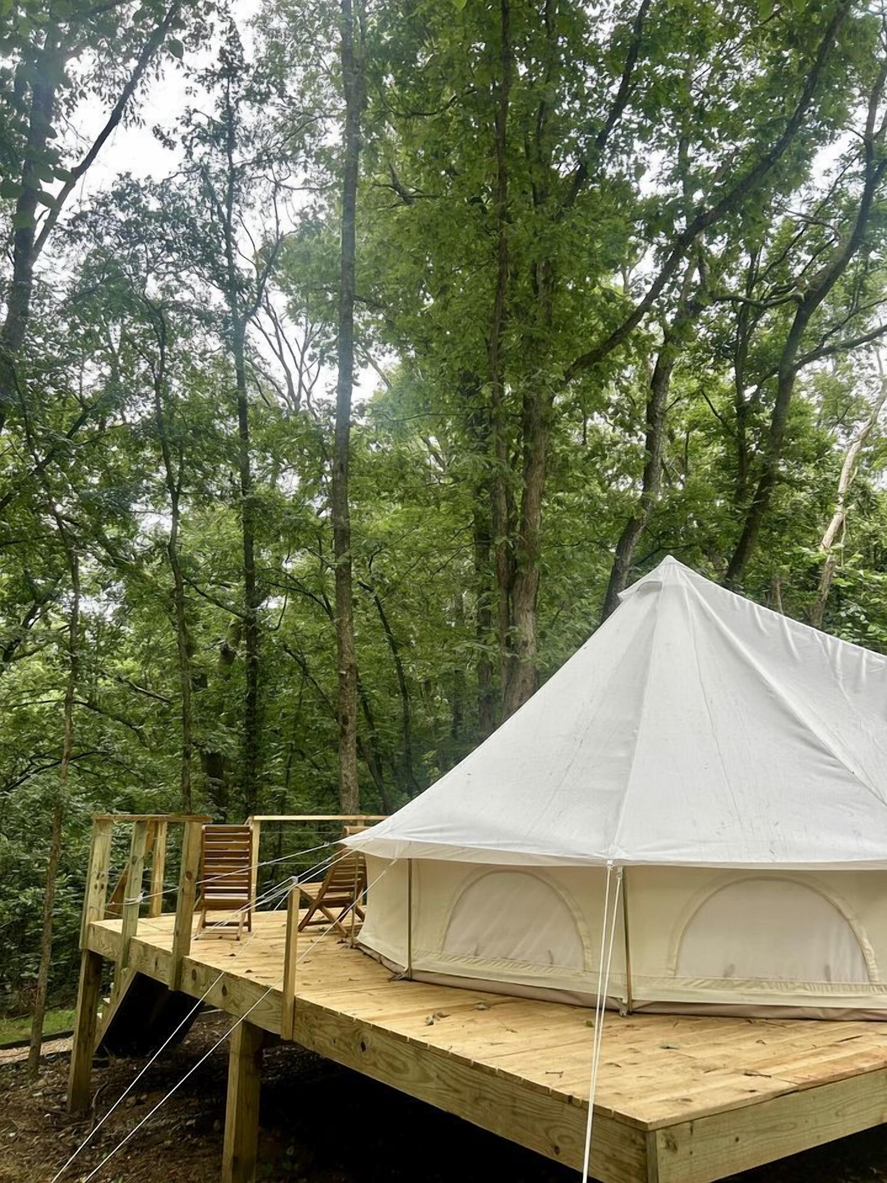 A tent on a wooden platform in a forest.