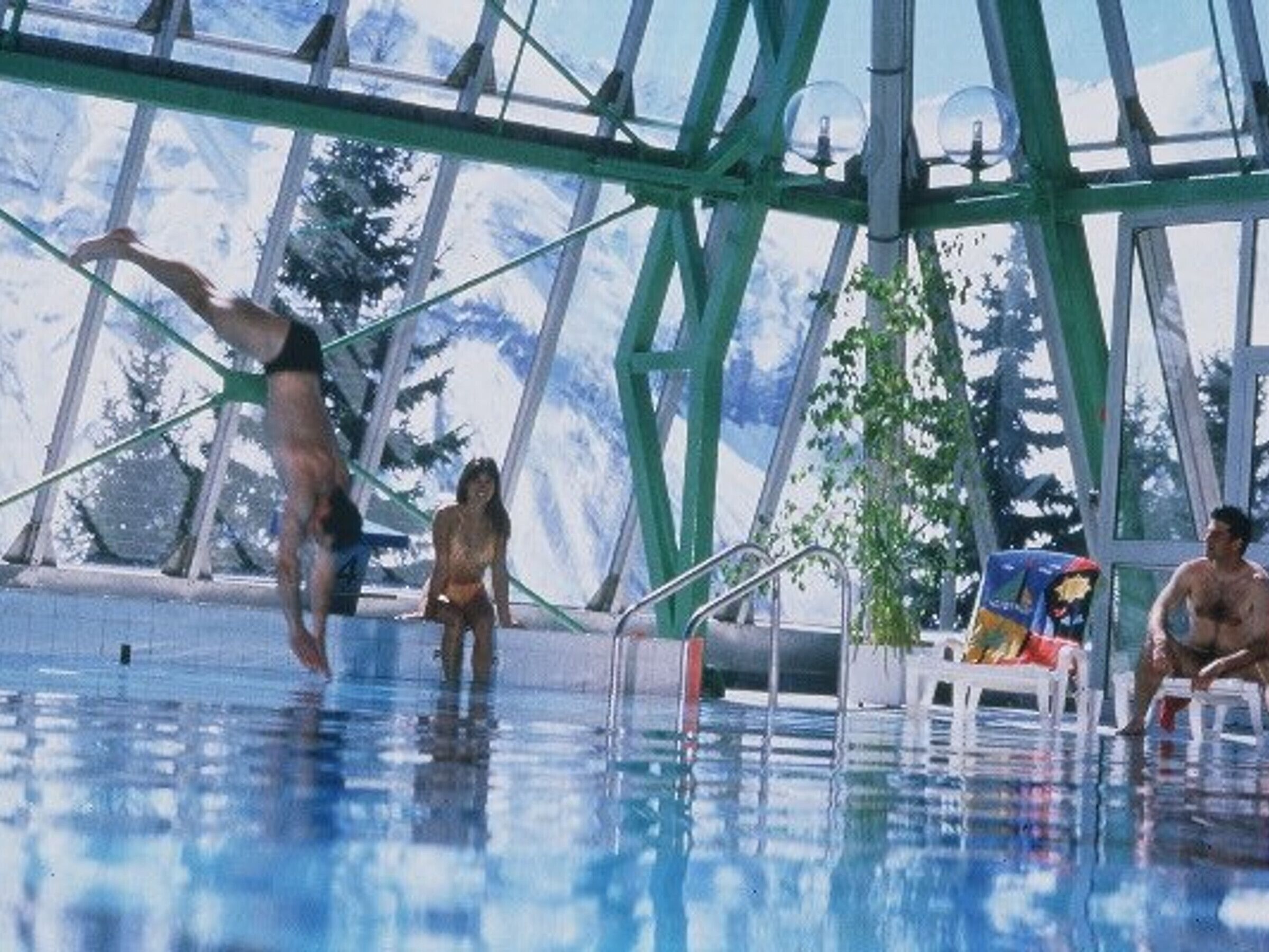 An indoor swimming pool with a glass ceiling, metal railings, and a view of trees outside.