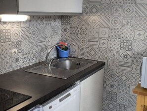 A kitchen with a stainless steel sink, a dishwasher, and patterned backsplash tiles. - Cozy maxi studio, at foot of slopes - 5 guests (Orcières Merlette)