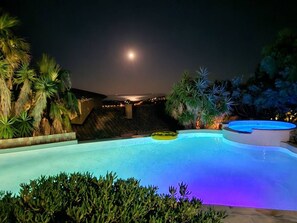A nighttime swimming pool with a moon in the sky, surrounded by palm trees and a view of the ocean. - Villa with sea view, pets welcome - 12 guests (Bormes-les-Mimosas)