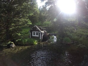 A cabin by a river surrounded by dense forest. - Relaxing Log Cabin Nestled in the Trees near Yellowstone, Idaho (Island Park)