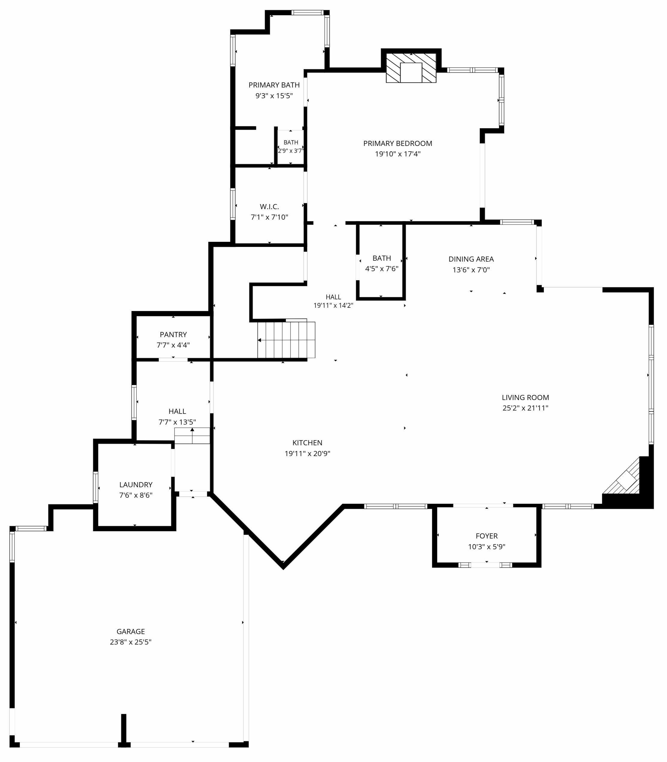 A floor plan with a primary bedroom, primary bathroom, dining area, living room, kitchen, two hallways, a foyer, a garage, and a pantry.