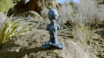 A sculpture of a figure on a rock with sparse vegetation and a large rock formation in the background.