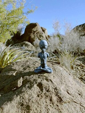 Eine Skulptur einer Figur auf einem Felsen, mit vereinzelter Vegetation und einer großen Felsformation im Hintergrund.