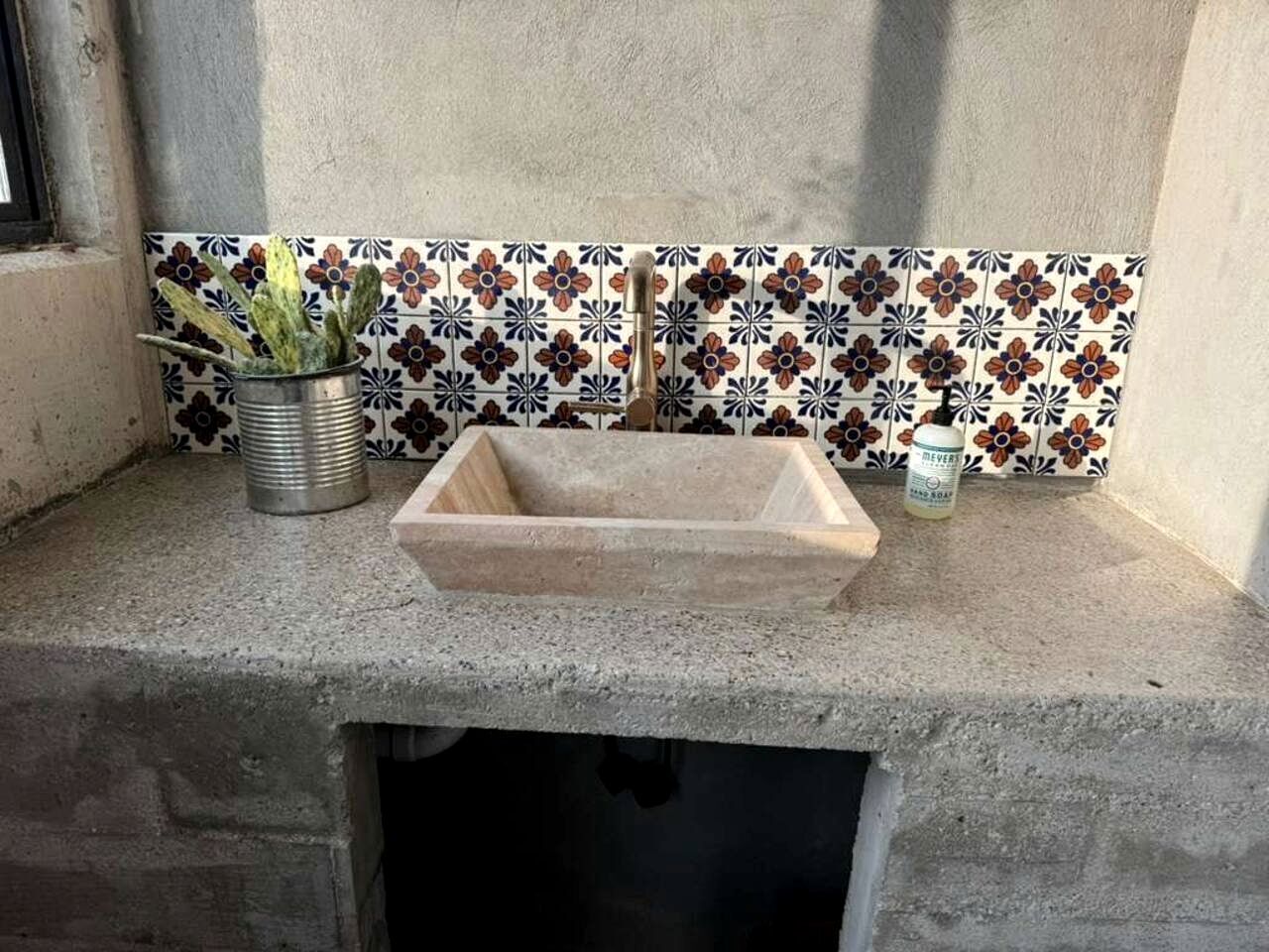 A stone sink with a metal basin, a potted plant, and a bottle of hand soap on a countertop.