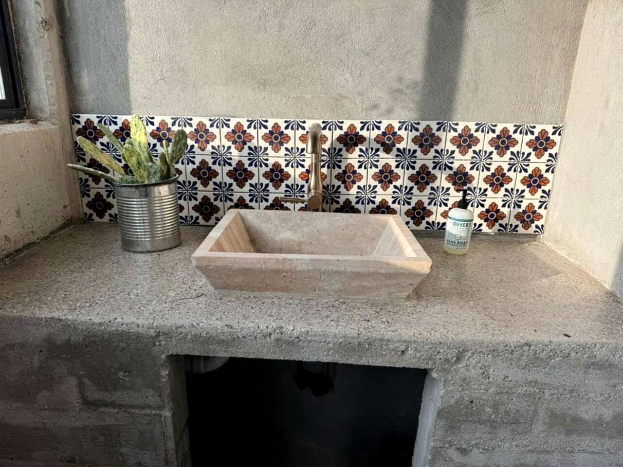 A stone sink with a metal basin, a potted plant, and a bottle of hand soap on a countertop.