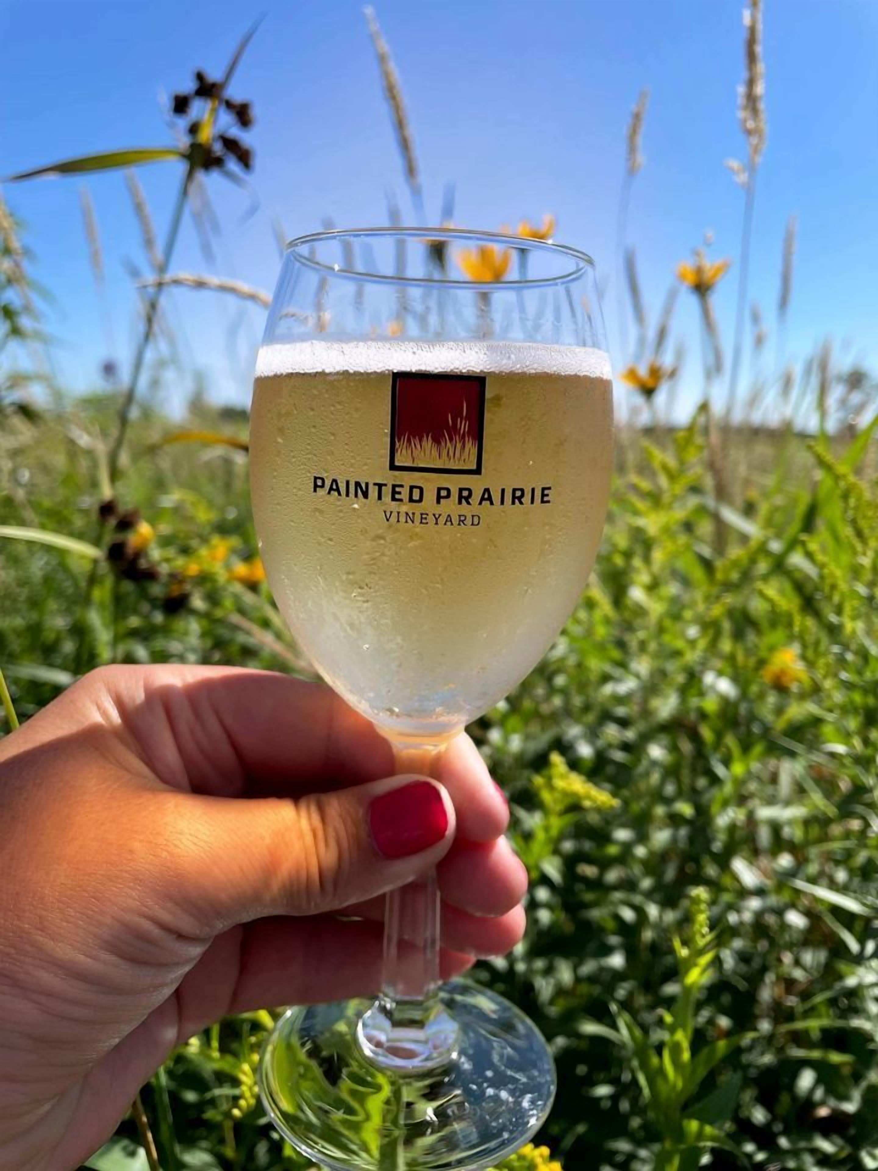A hand holding a glass with 'Painted Prairie Vineyard' label, set against a natural outdoor background.
