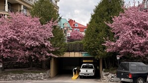 A parking garage entrance with a white truck and a black SUV parked inside. - Heart of Tremblant - Johanssen, Place St. Bernard (Mont-Tremblant)