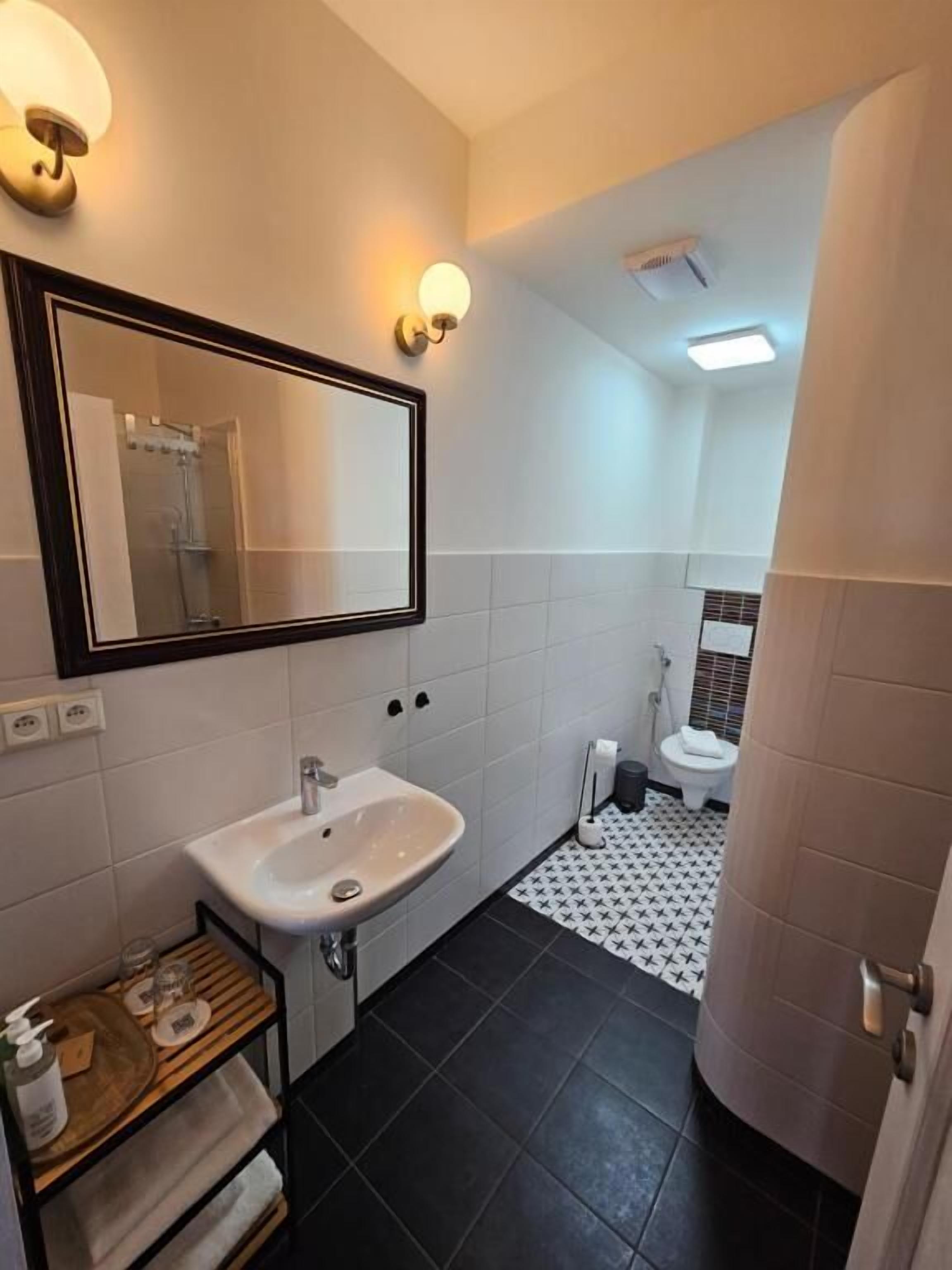 A bathroom with a sink, mirror, and toilet.