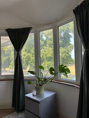 Ein Zimmer mit einem großen Fenster, einer Topfpflanze auf einem Schrank und dunklen Vorhängen.