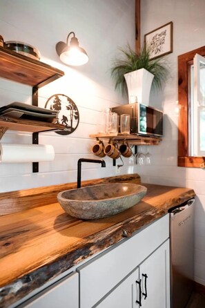 Une cuisine avec un évier en pierre, un plan de travail en bois, des tasses suspendues et une plante en pot.