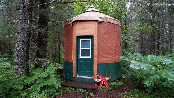 A wooden yurt with a green door and a small window, surrounded by dense forest.
