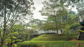 A lush garden with a white building, a wooden bridge, and a staircase leading to the building.