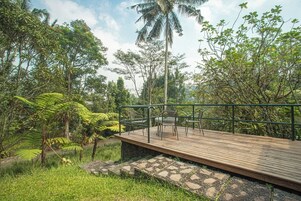 Una terraza de madera con sillas, rodeada de exuberante vegetación y una palmera.