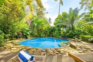 A swimming pool surrounded by tropical vegetation, with a wooden deck and a towel.