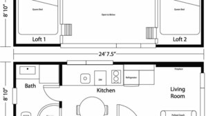 A floor plan with two queen beds, a pullout couch, a kitchen, a bathroom, and a living room.