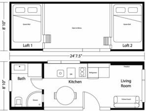 A floor plan with two queen beds on the upper level, a bathroom, kitchen, and living room on the lower level. - Contemporary Mesa Accommodation Ideal for Glamping in Colorado (Mesa)
