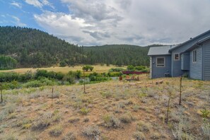 A house with a view of a forested hillside, a small stream, and a dry grassy field. - Colorado Riverfront Escape! Fish, Hike & Relax (Pine)