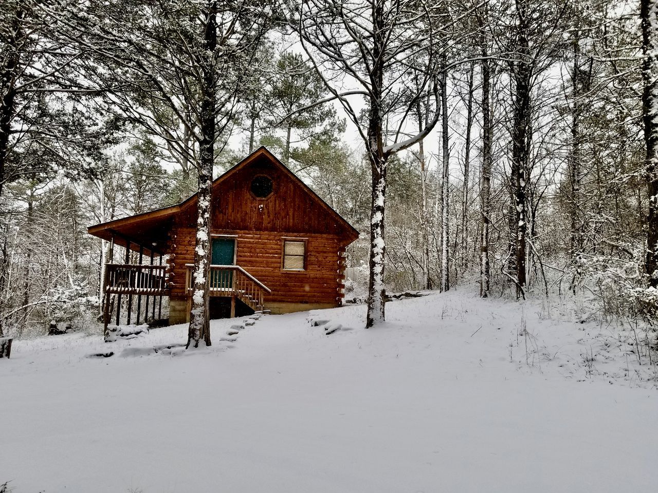 Een houten hut met een veranda, omgeven door met sneeuw bedekte bomen.