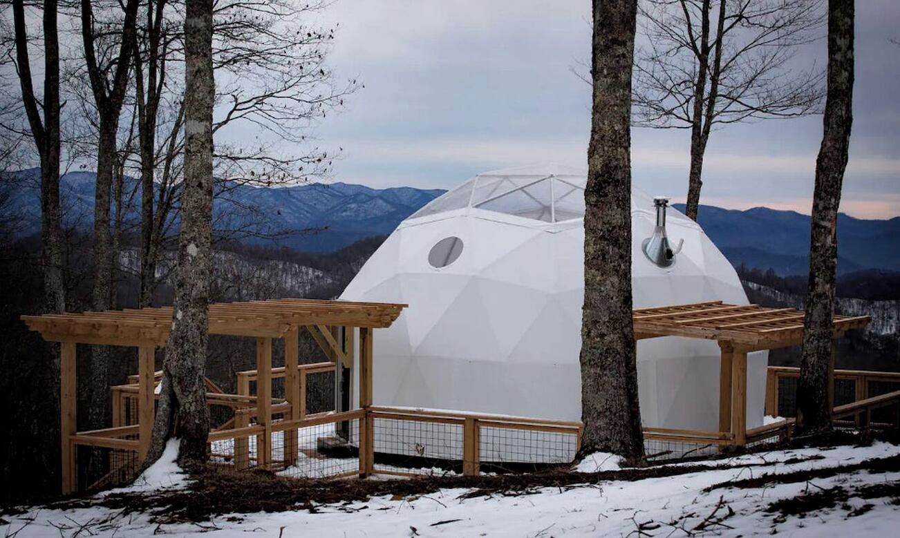 Een geodetische koepelstructuur met een houten terras en een metalen leuning, omgeven door bomen en een bergachtig landschap.