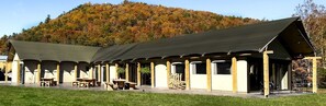 A row of cabins with a covered patio area, wooden beams, and a view of a forested hill.
