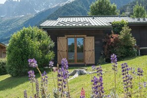 Eine Holzhütte mit einem Metall-Dach, umgeben von üppiger Vegetation und Bergen im Hintergrund.