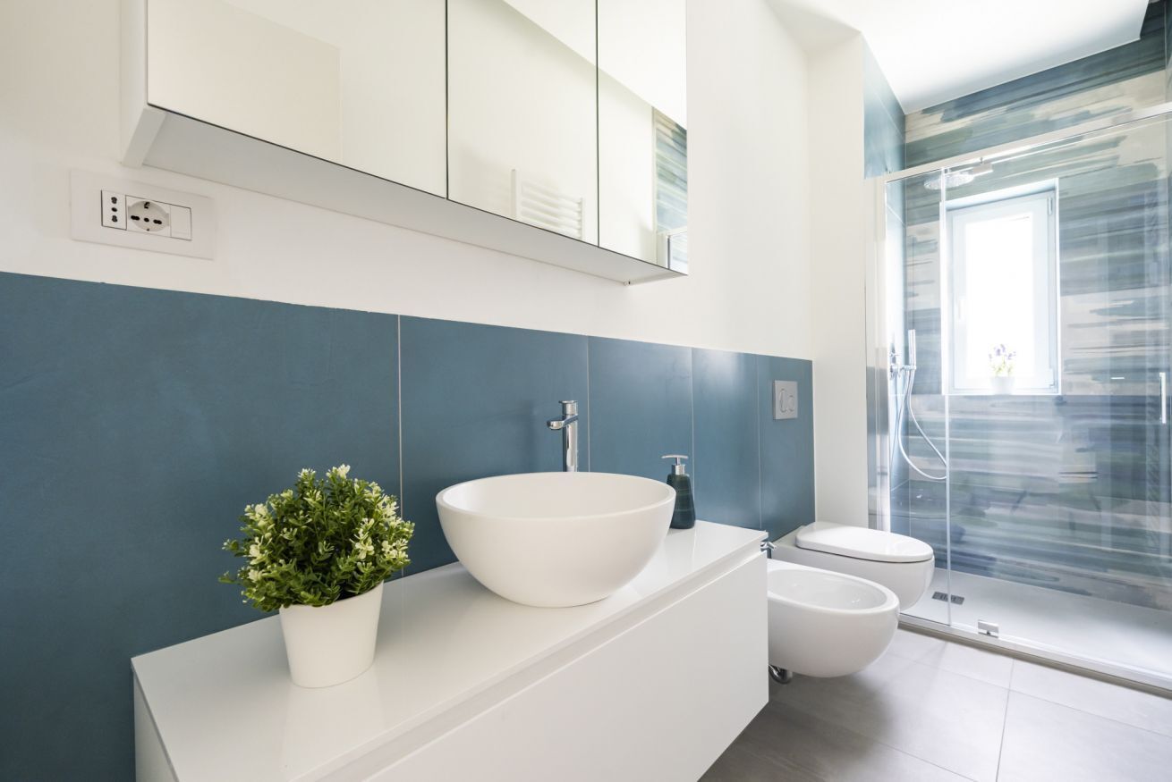 Ein modernes Badezimmer mit einem weißen Waschbecken, einer Topfpflanze, einer Toilette und einer Duschkabine aus Glas.