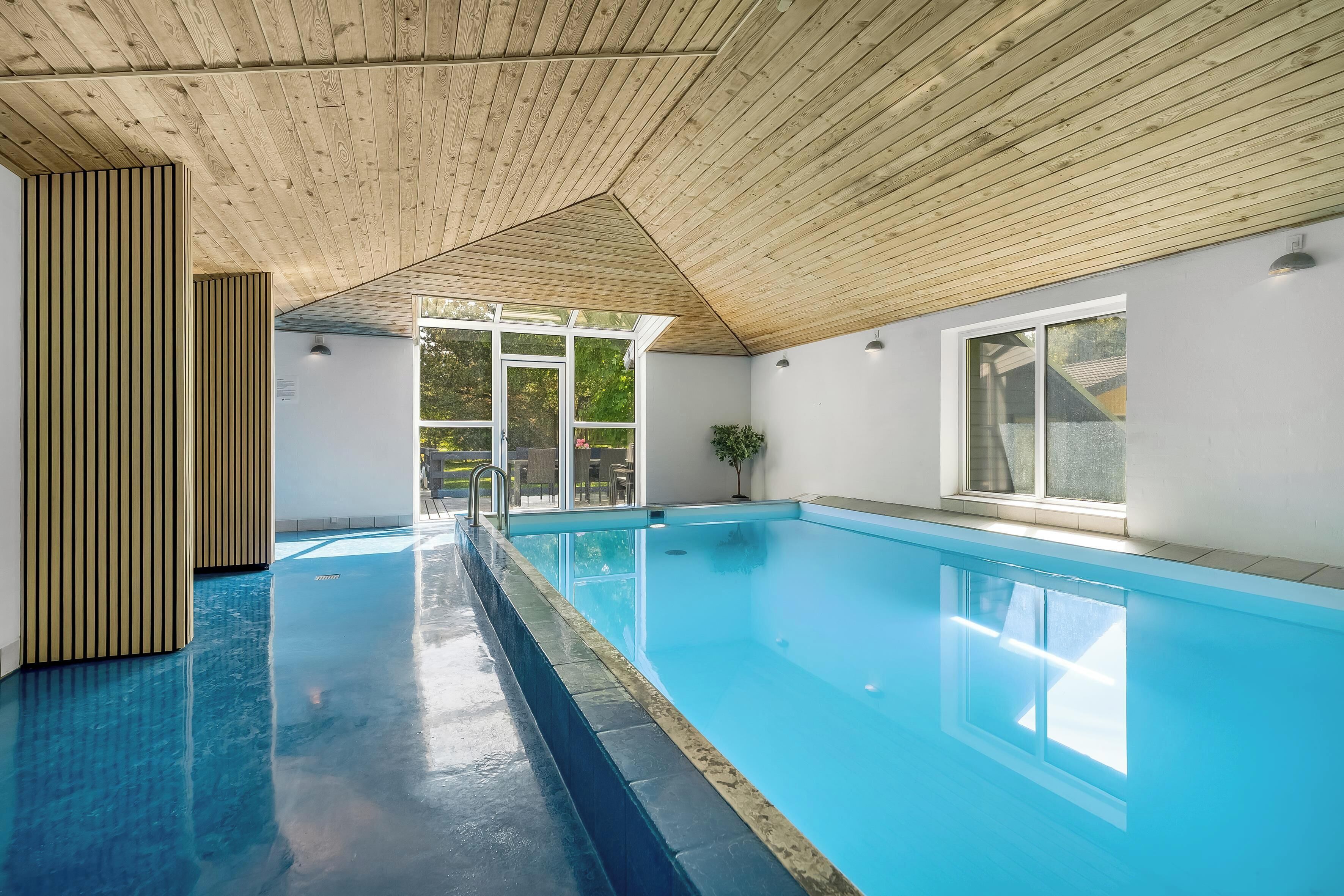 Une piscine intérieure avec un plafond en bois, des portes en verre transparent donnant sur l’extérieur et une plante en pot sur la droite.