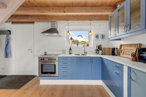 Eine moderne Küche mit blauen Schränken, einem Edelstahlbackofen und Pendelleuchten.