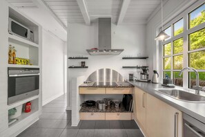 Eine moderne Küche mit Edelstahl-Dunstabzugshaube, eingebautem Backofen und einem großen Fenster mit Blick auf Grünflächen.