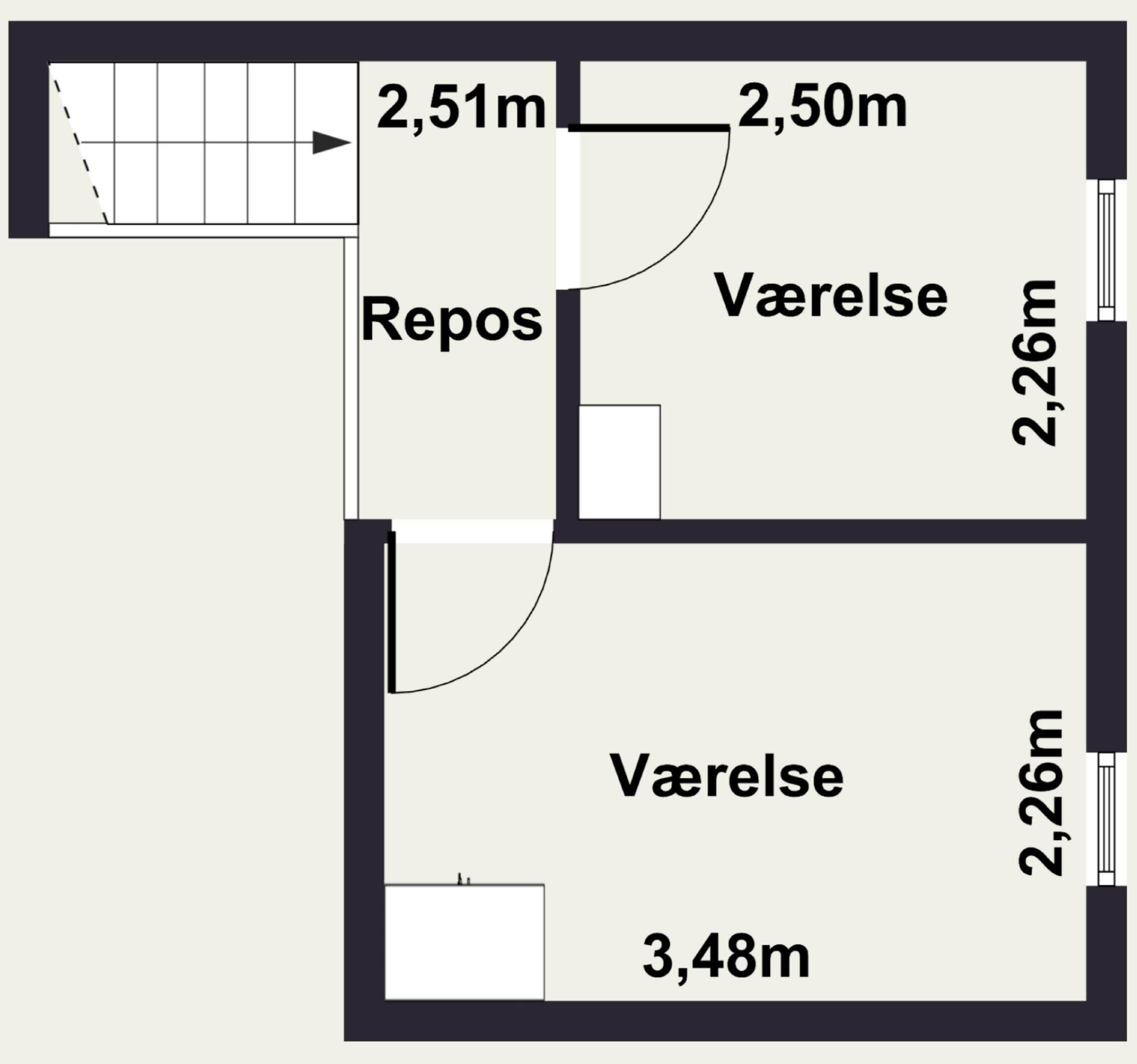 A floor plan with two bedrooms, a bathroom, and a living area.