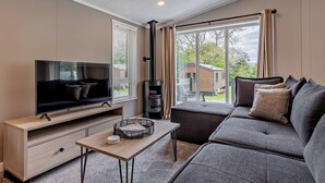 A modern living room with a flat-screen TV, sofa, and a fireplace. - Saron 2.0 Spa (Denbigh)