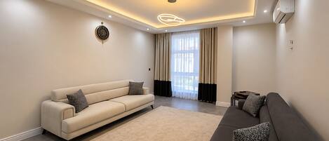 Una sala moderna con un sofá beige, un sofá oscuro y un cojín estampado.