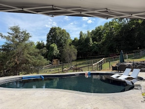 A swimming pool with lounge chairs, a covered area, and a fenced enclosure with trees in the background. - Glamping, Goats & Pool Mountainside NEAR Va Tech, RU, AT & I81, pet friendly (Blacksburg)